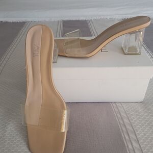Zara Nude Lucite Block Heel Sandals, Size 9